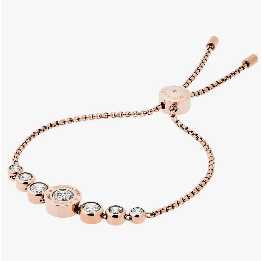 BNIB Michael Kors Stainless Steel Rose Gold-Tone Slider Bracelet with Crystals